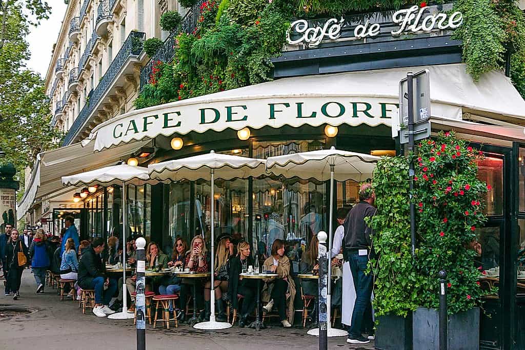 outside terrace of the famous cafe de flore in St Germain des pres