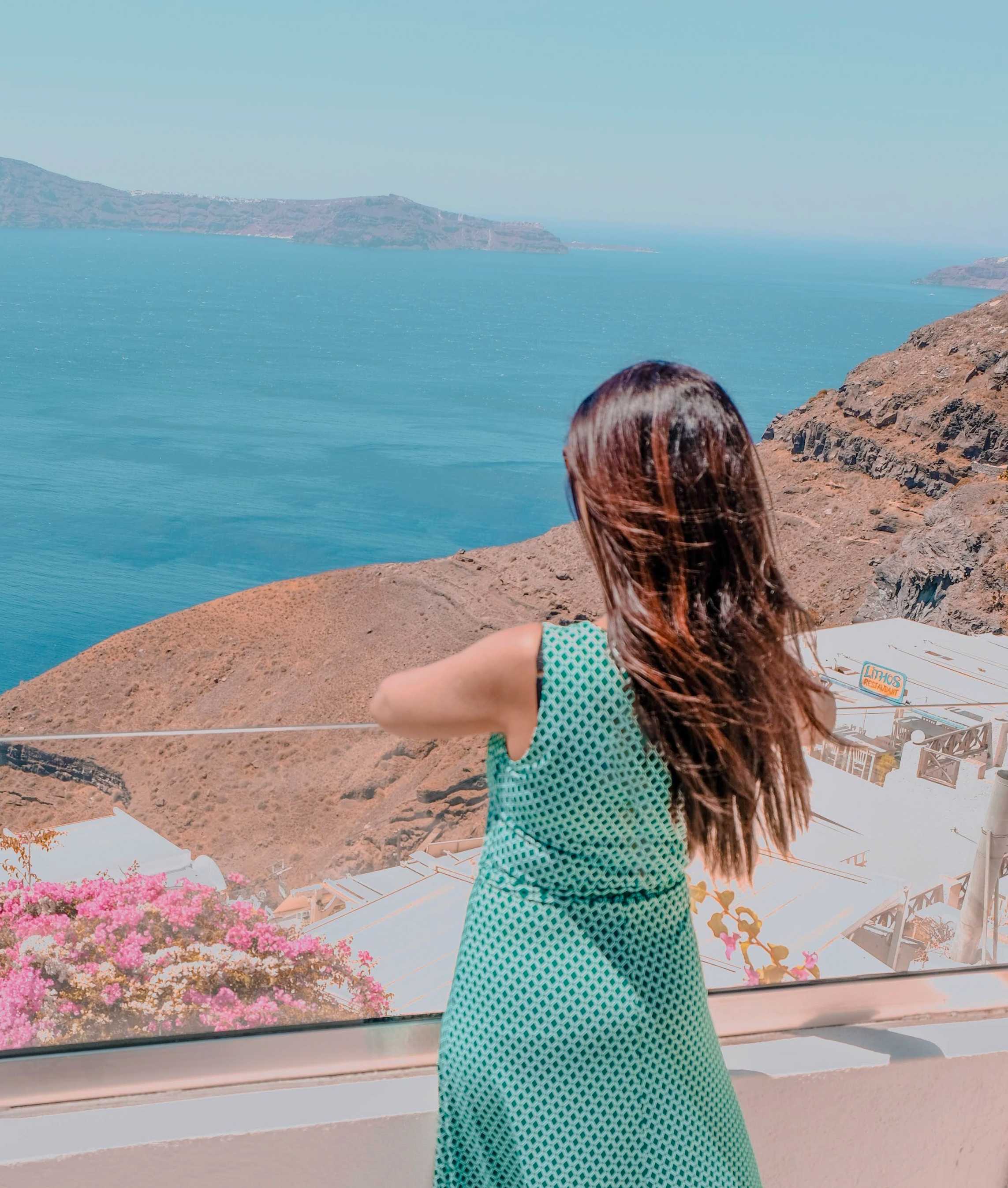 girl with long brown hair looking at the sea